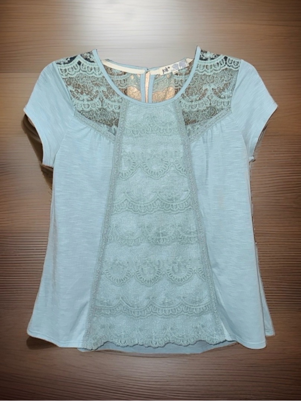 Jolt Women’s Aqua Lace Yoke & Front Panel Short Sleeve Top-S-EC
